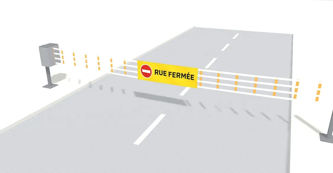 Aperçu 3D du configurateur : barrière textile manuelle déployée en travers d'une rue, bannière RUE FERMÉE