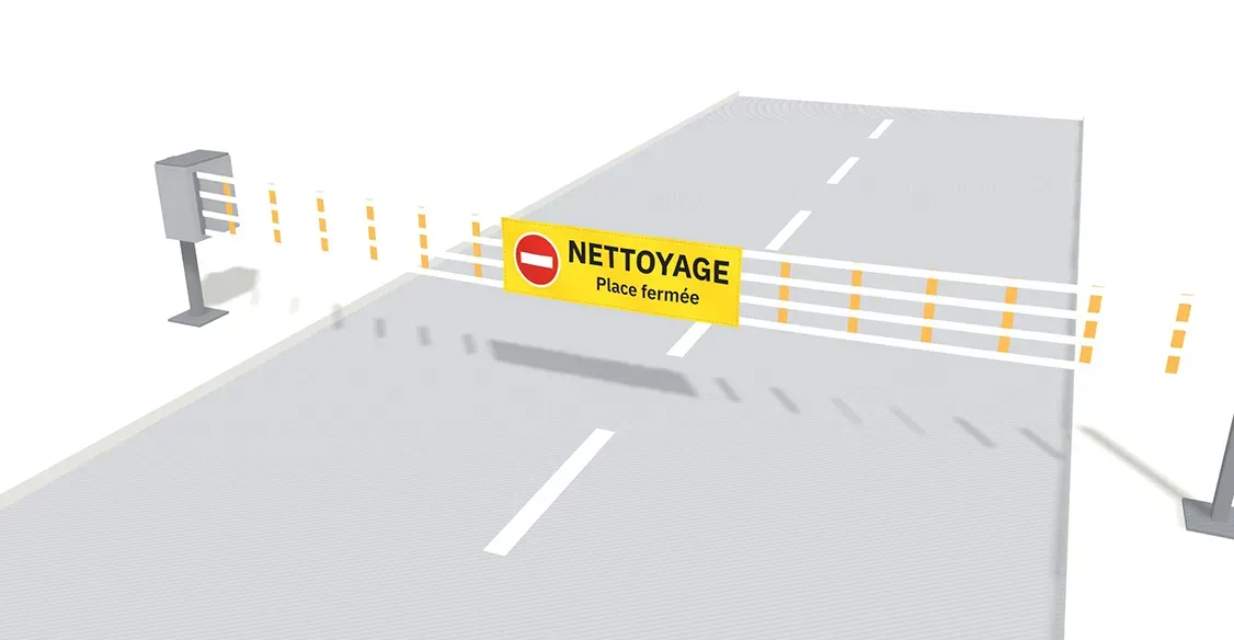 Aperçu 3D du configurateur : barrière semi-automatique fermant une rue, bannière NETTOYAGE Place fermée