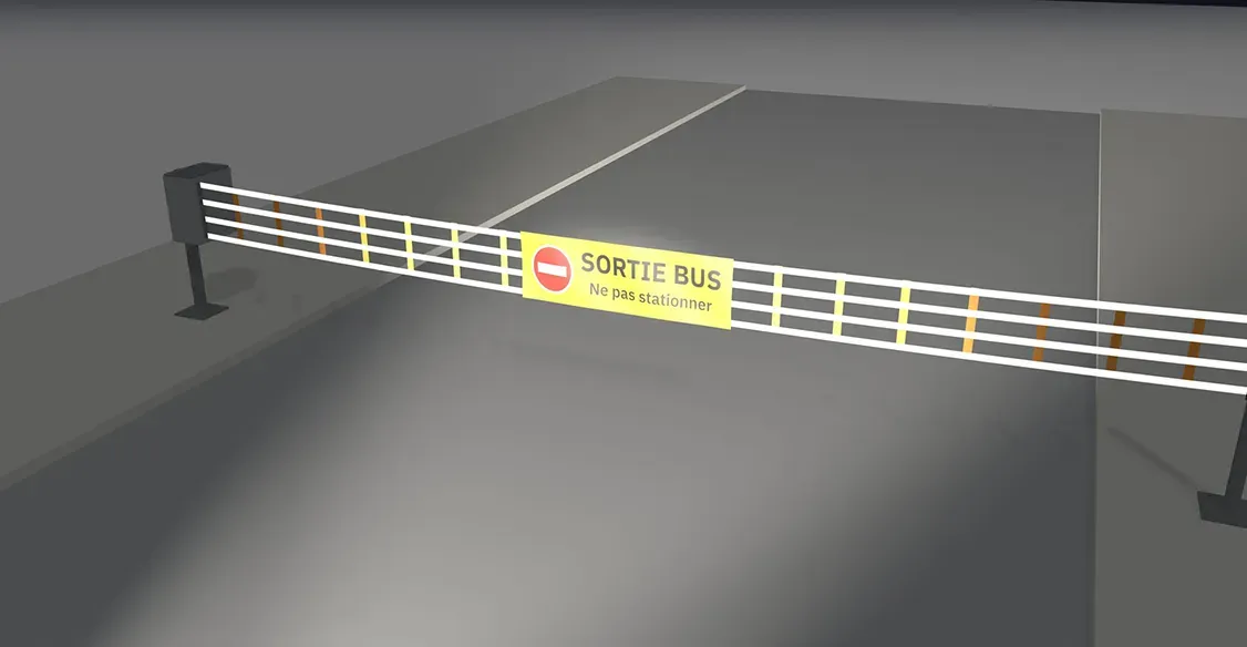 Aperçu 3D du configurateur, de nuit : barrière semi-automatique SORTIE BUS en sortie de dépôt, sangles rétro-réfléchissantes dans les phares
