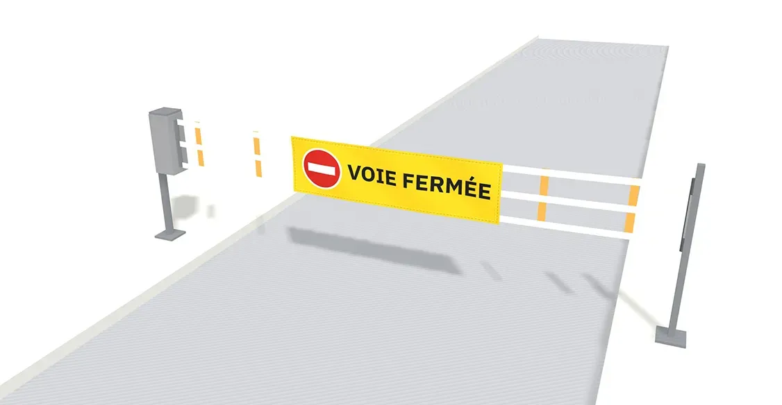 Aperçu 3D du configurateur : barrière semi-automatique v2 fermant une voie, bannière VOIE FERMÉE