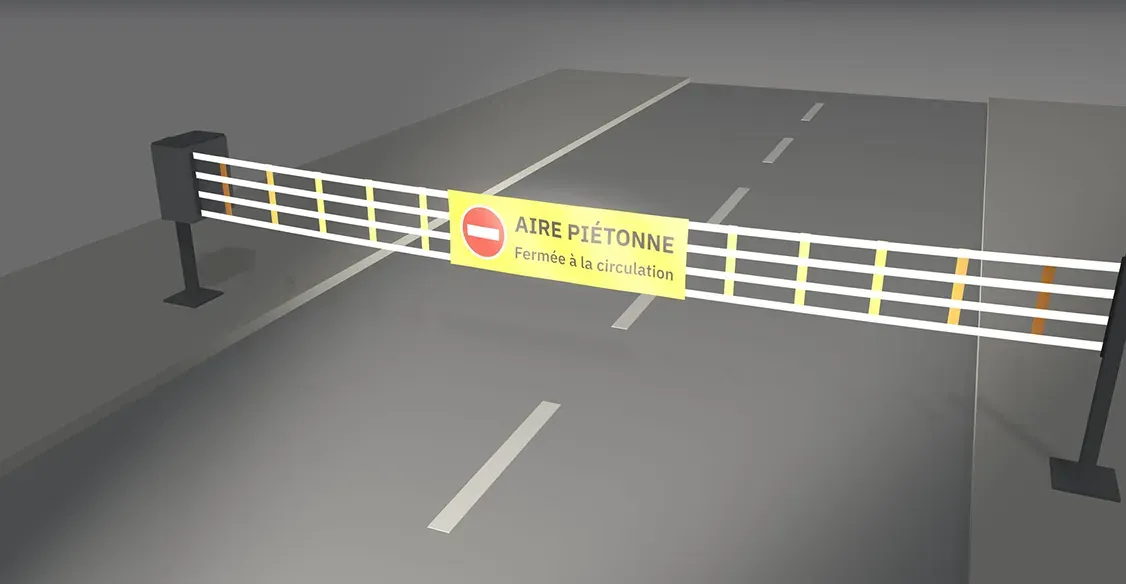 Aperçu 3D du configurateur, de nuit : barrière semi-automatique AIRE PIÉTONNE, sangles rétro-réfléchissantes éclairées par les phares